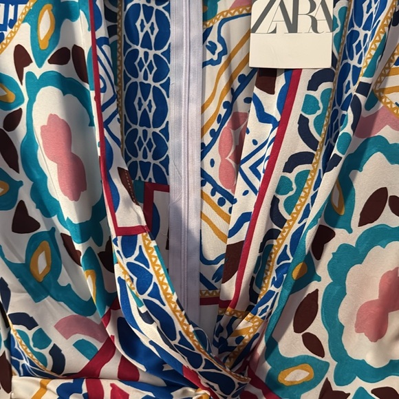 Zara NWT Satin Effect Multicolor Patchwork Print Wide Leg Short Sleeve Jumpsuit - Picture 6 of 14